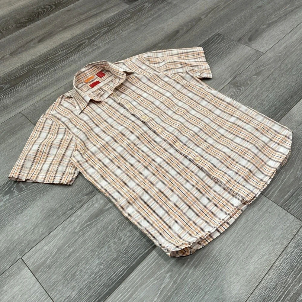 IZOD Short Sleeve Button-Down Shirt‎ Mens Size M Plaid Orange Navy White Logo